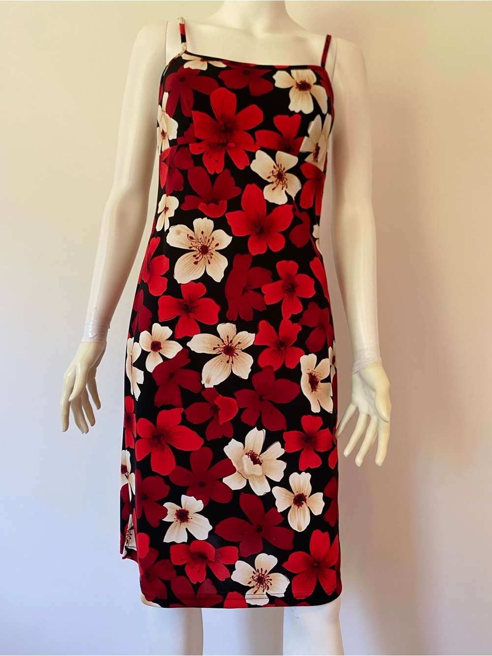 Reitmans Black Midi Slip Dress with Red & Cream Floral Print